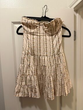 LoveShackFancy Cream Floral Strapless Ruffle Mini Dress